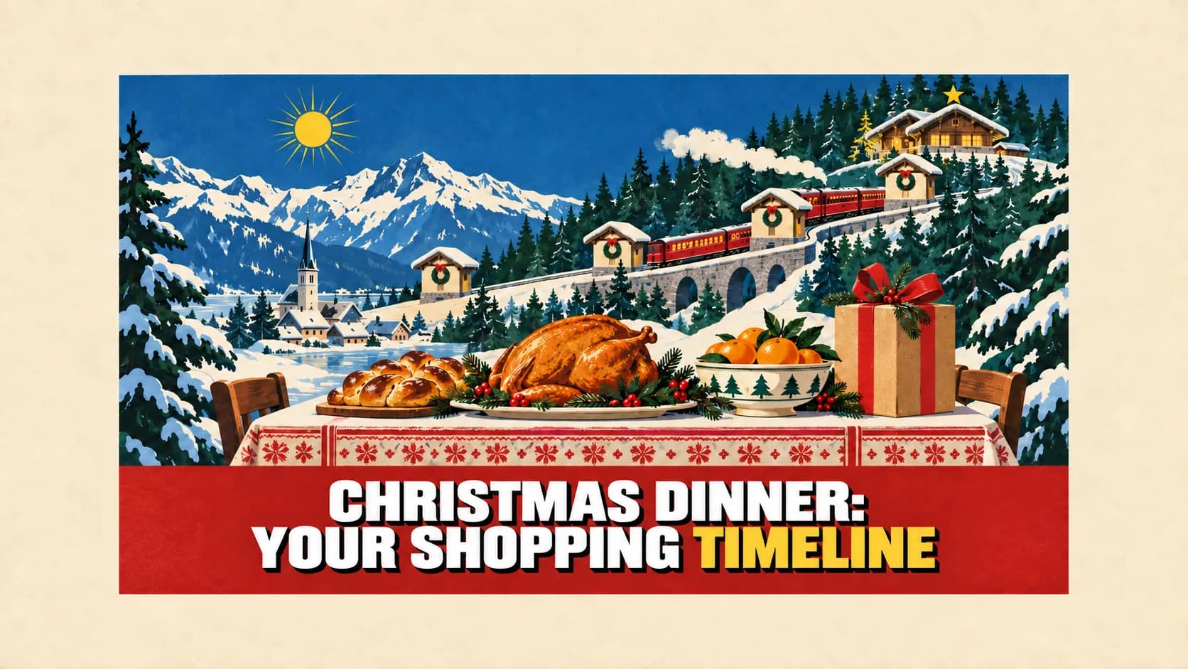 Retro poster of a snowy village with a little train making four stops and a Christmas table