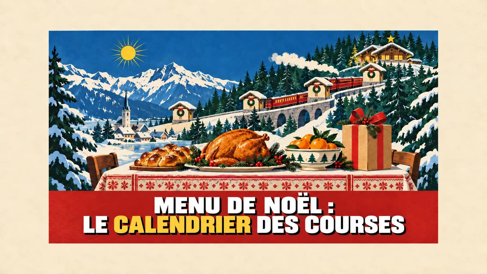 Affiche rétro d’un village enneigé avec un petit train à quatre arrêts et une table de Noël