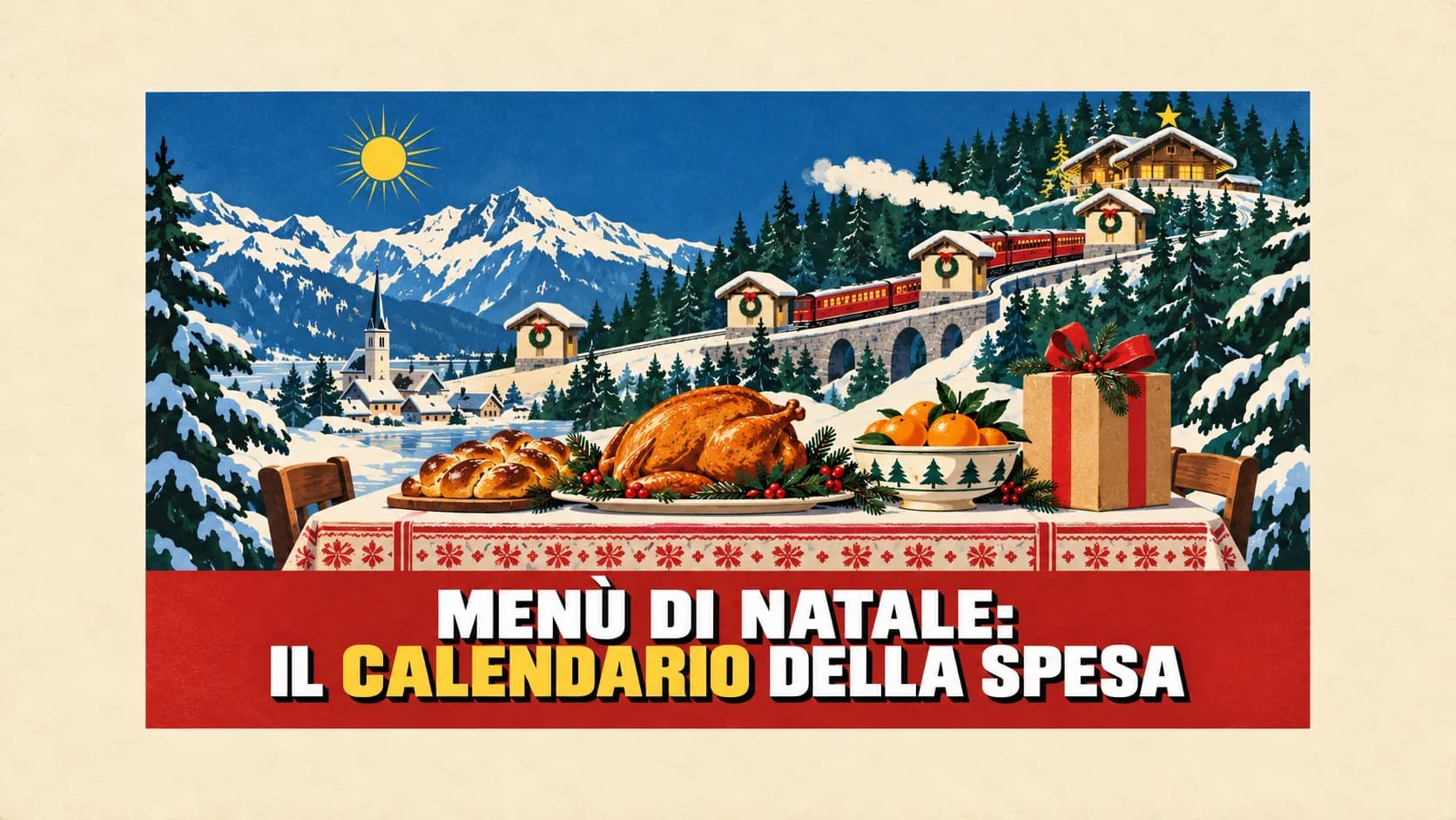 Manifesto rétro di un villaggio innevato con un trenino a quattro fermate e una tavola di Natale