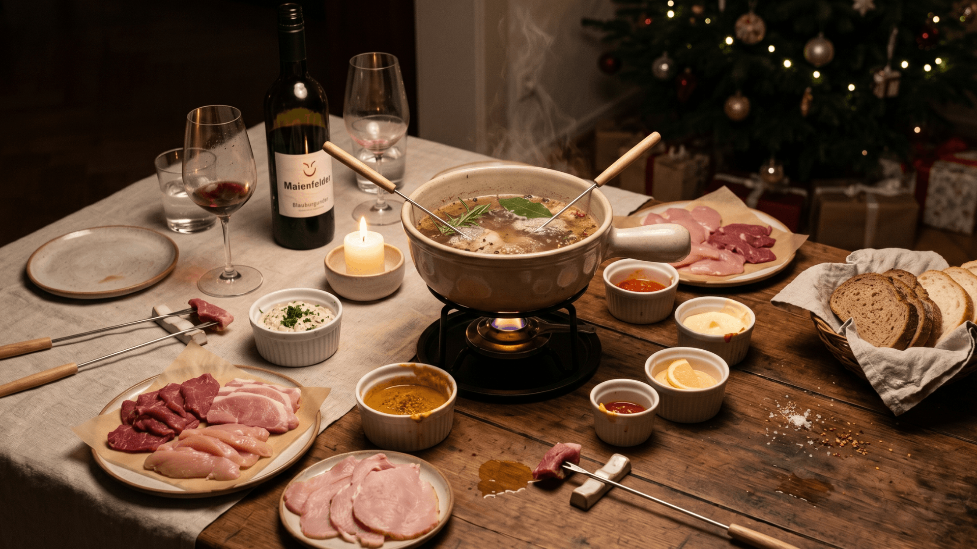 Plan de cuisine suisse chaleureux avec four à raclette, bouillon de fondue chinoise, allée de supermarché décorée pour les fêtes