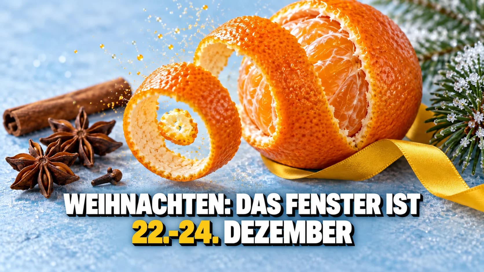 Nahaufnahme einer spiralig geschälten Mandarine mit Zimt, Sternanis und Tannenzweig.