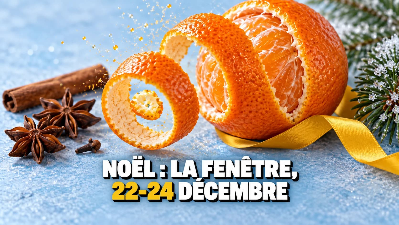Gros plan d’une mandarine pelée en spirale avec cannelle, anis étoilé et sapin.