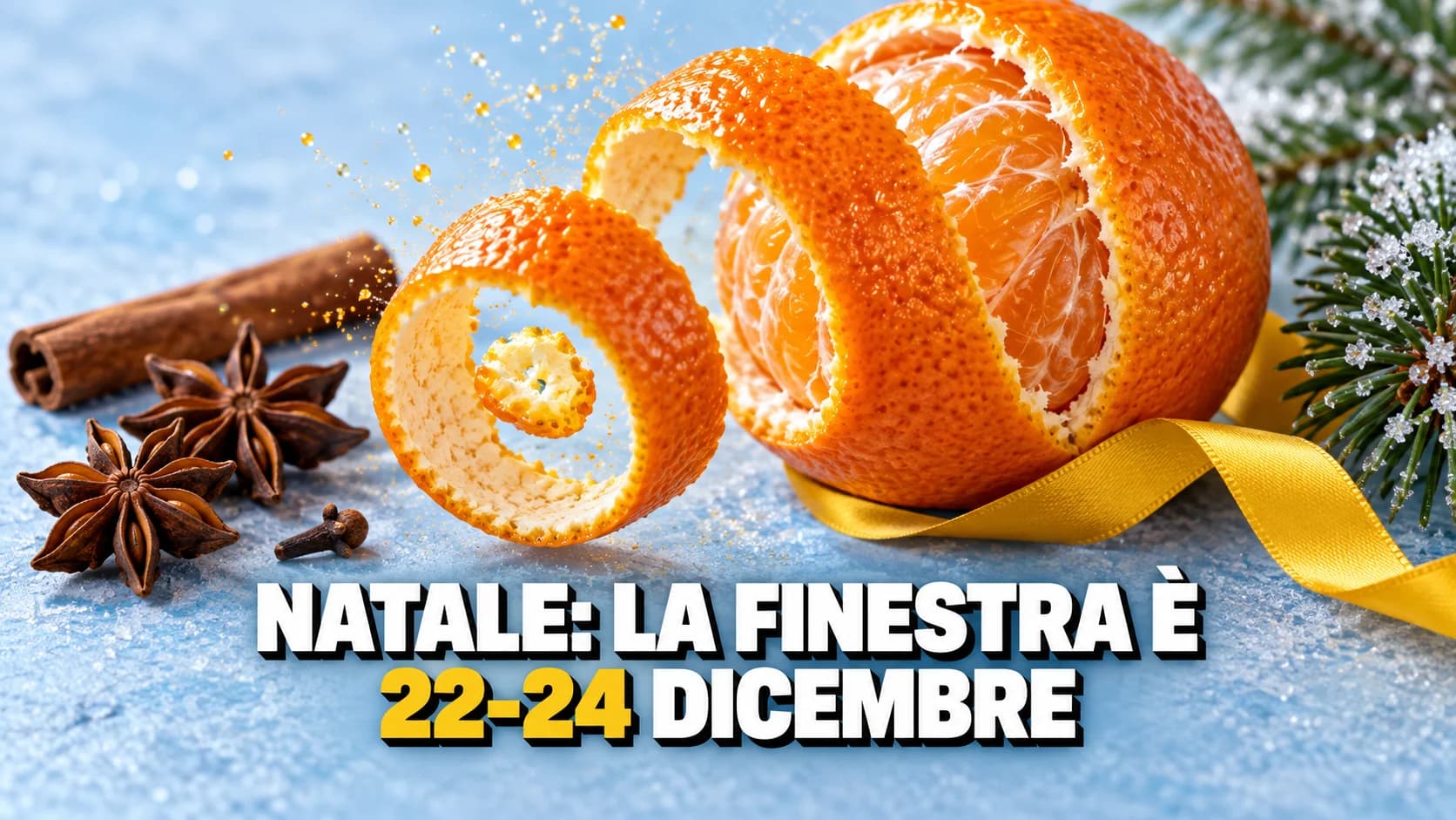 Macro di un mandarino sbucciato in una sola spirale, con spruzzo di olio essenziale, cannella, anice stellato e un rametto di abete