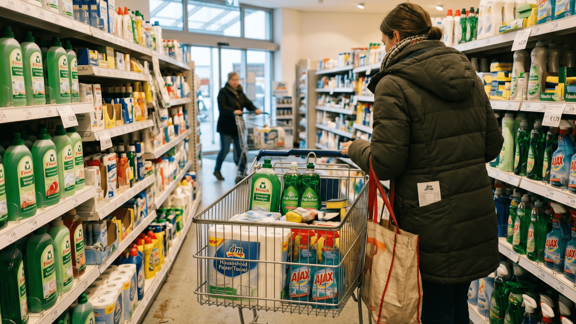 Buanderie suisse rangée avec bouteilles de lessive, microfibres et caddie de produits ménagers