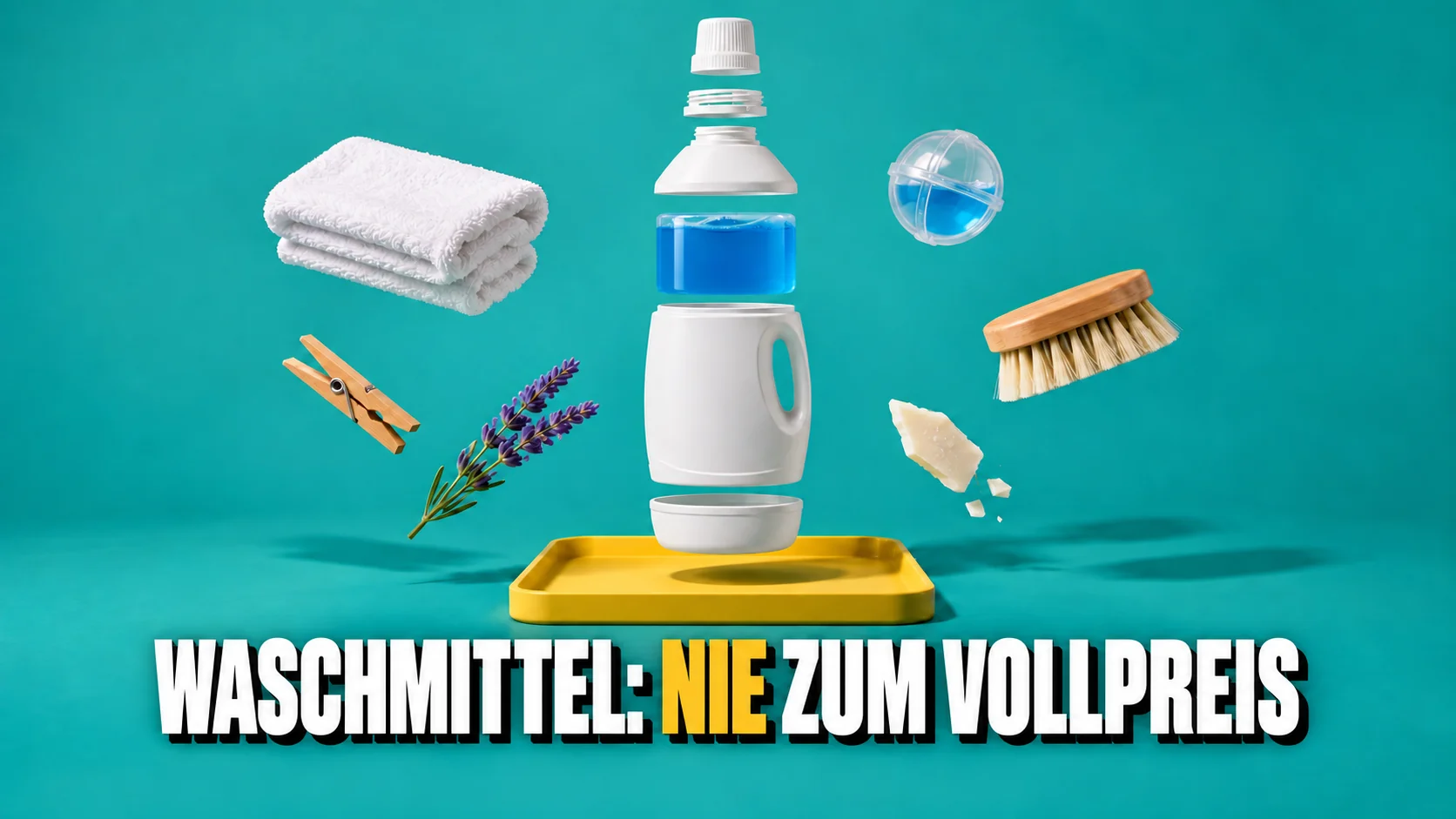 Explosionsansicht einer unbeschrifteten Waschmittelflasche mit Handtuch, Klammer und Bürste über gelbem Tablett.