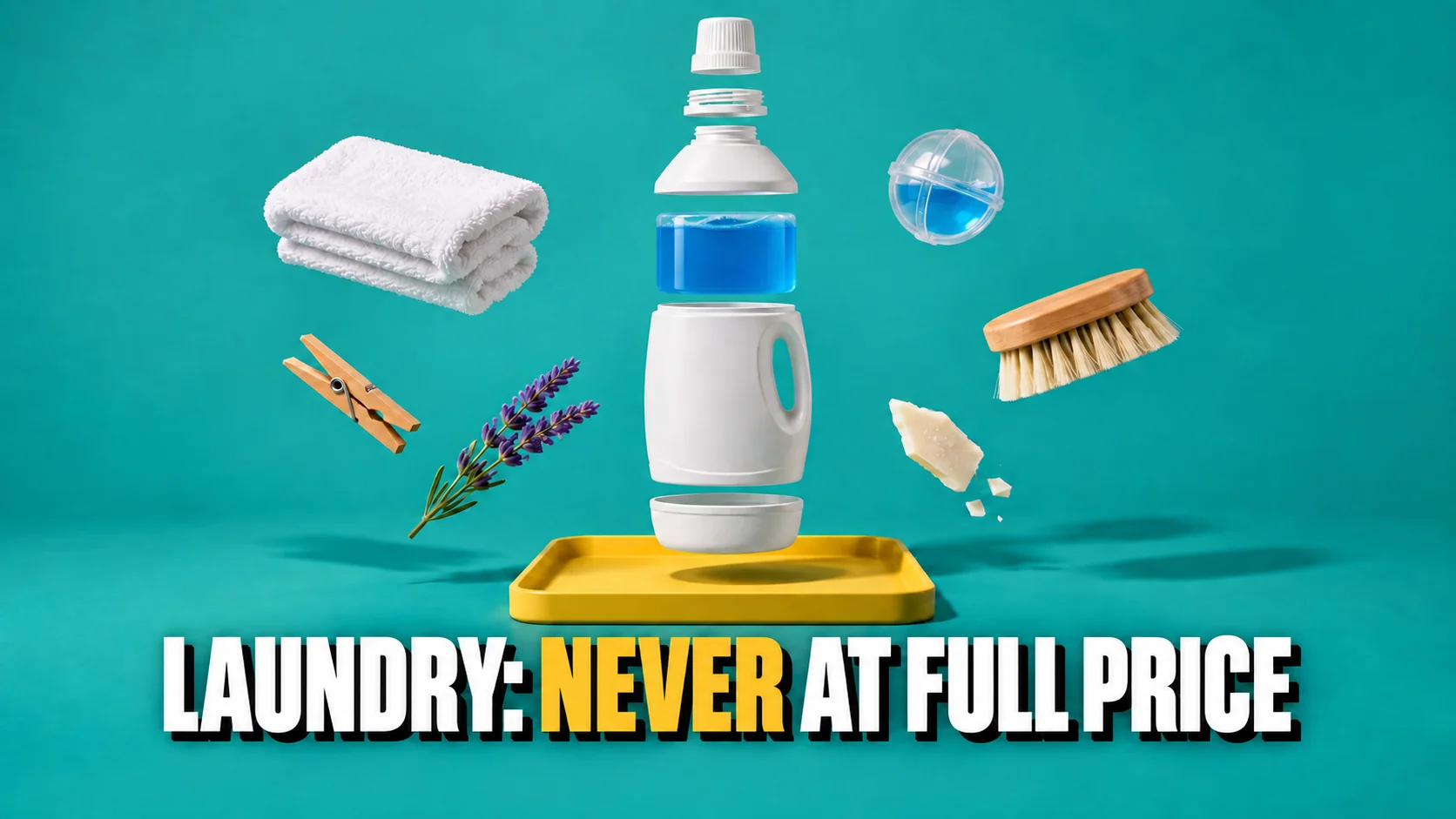 Exploded view of a blank detergent bottle with towel, peg and brush above a yellow tray.