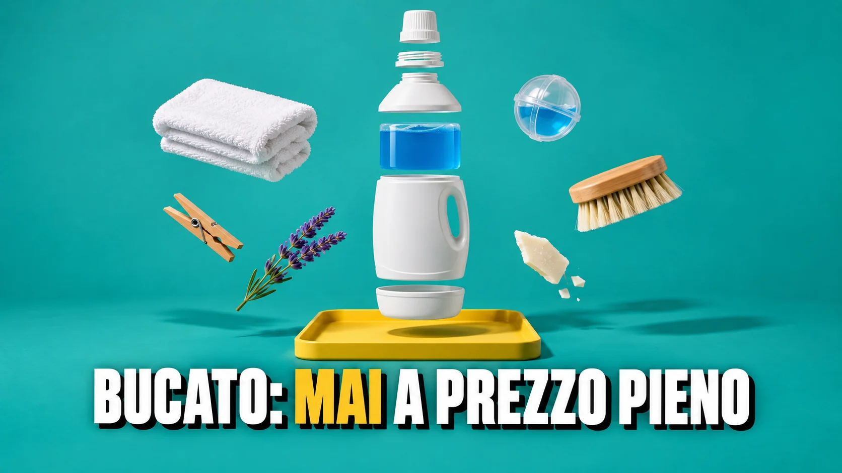 Vista esplosa di un flacone di detersivo bianco senza etichetta, con asciugamano, molletta e spazzola che fluttuano sopra un vassoio giallo.