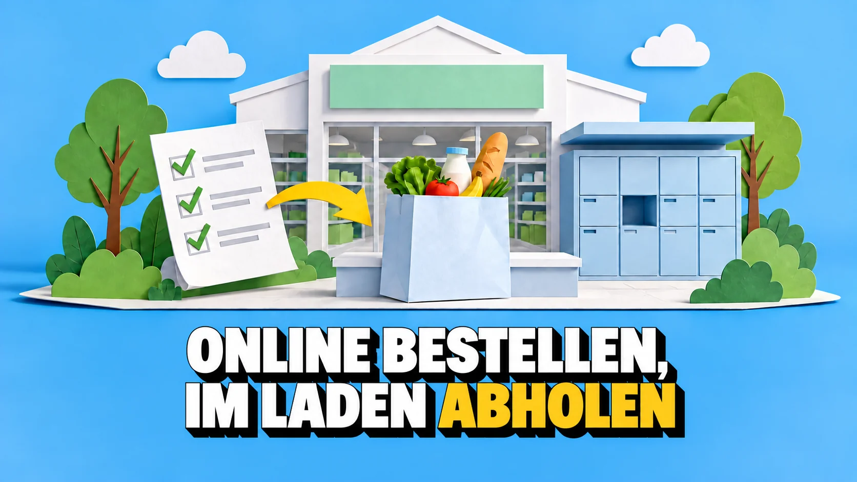 Papier-Pop-up mit neutralem Laden, Abholfächern, Einkaufstasche und gelbem Richtungspfeil.