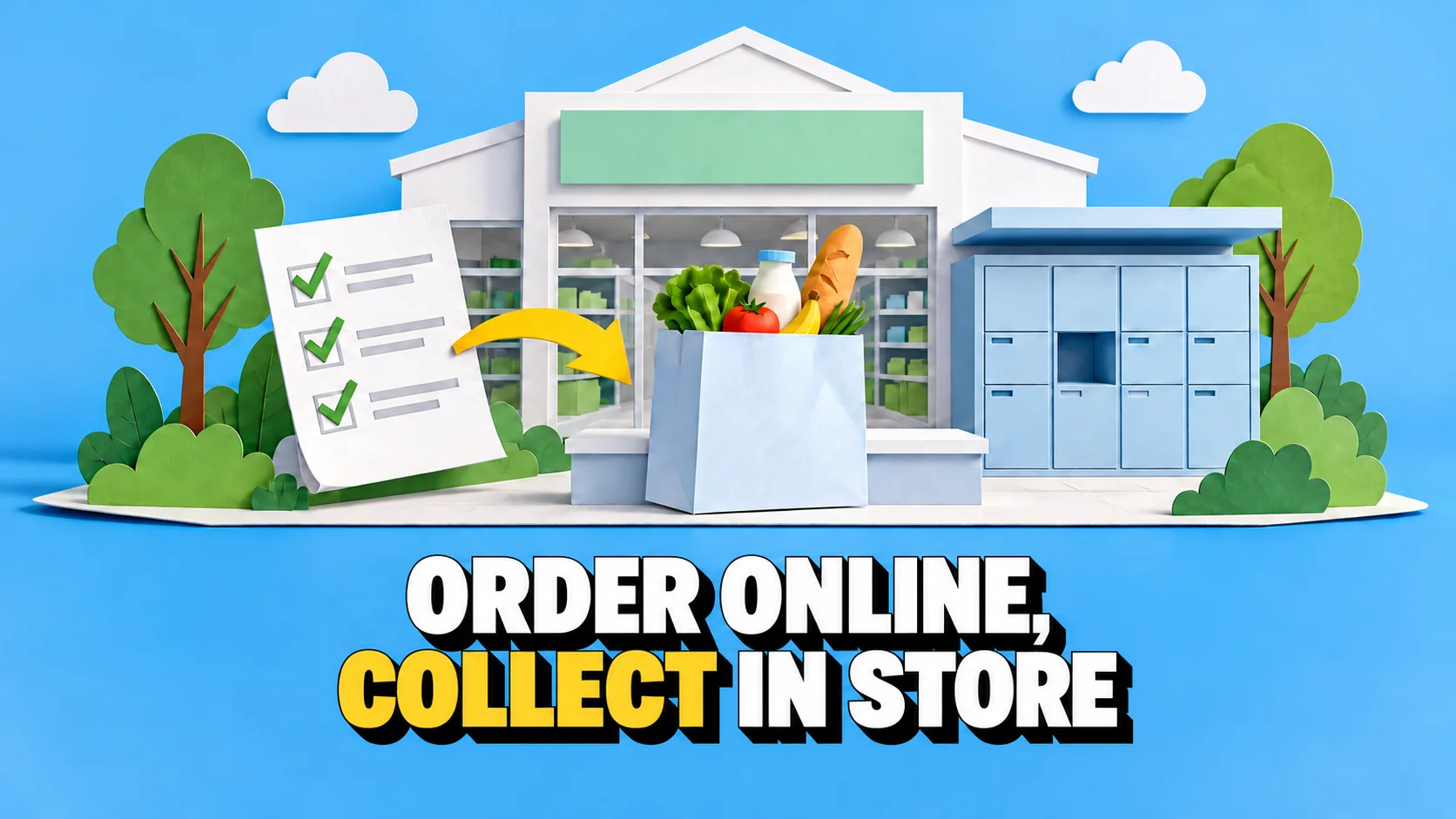 Paper pop-up with a generic shop, pickup lockers, grocery bag and yellow direction arrow.