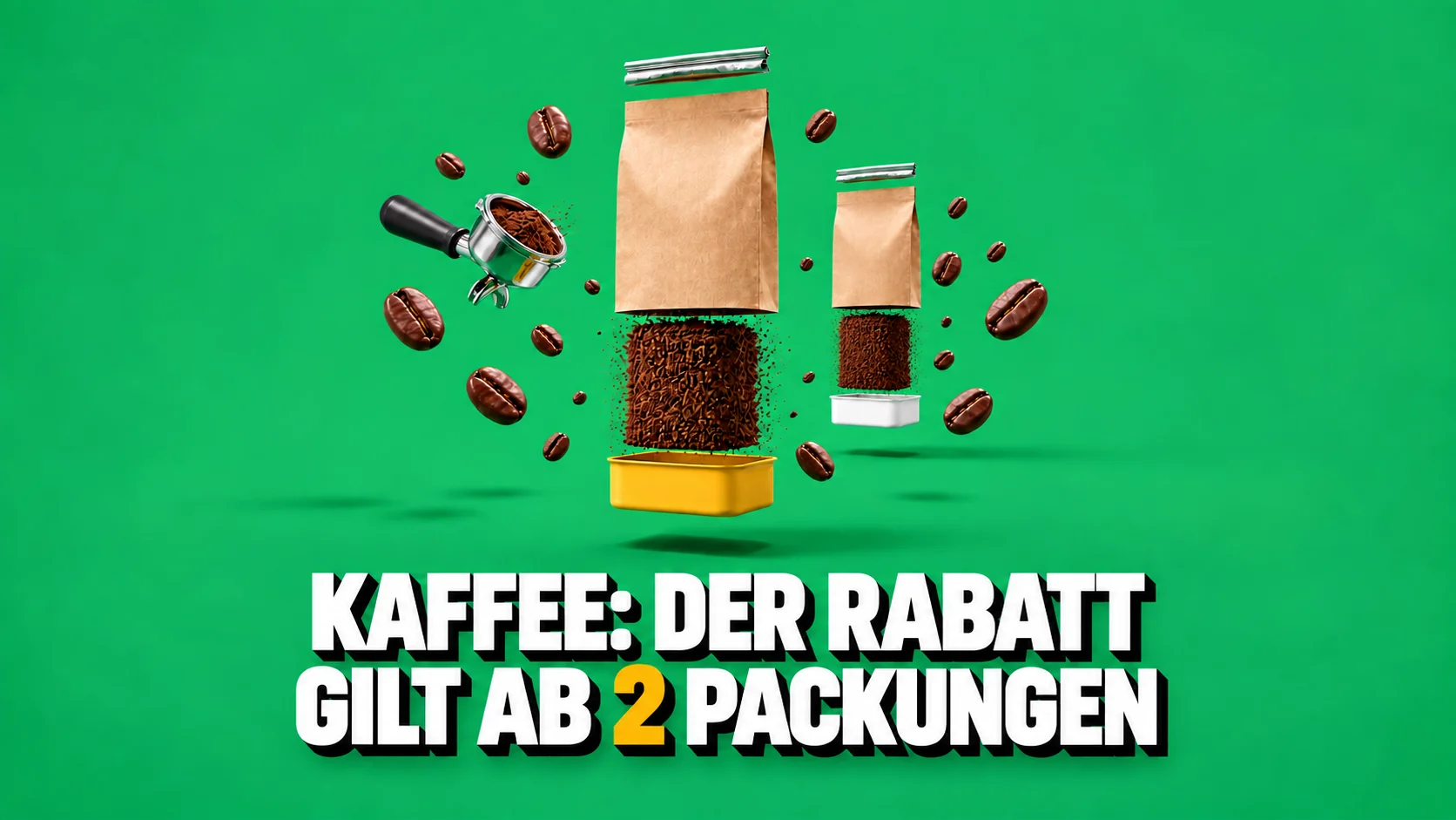 Ein in Schichten zerlegter Kaffeebeutel, zweimal wiederholt, mit Bohnen in der Umlaufbahn