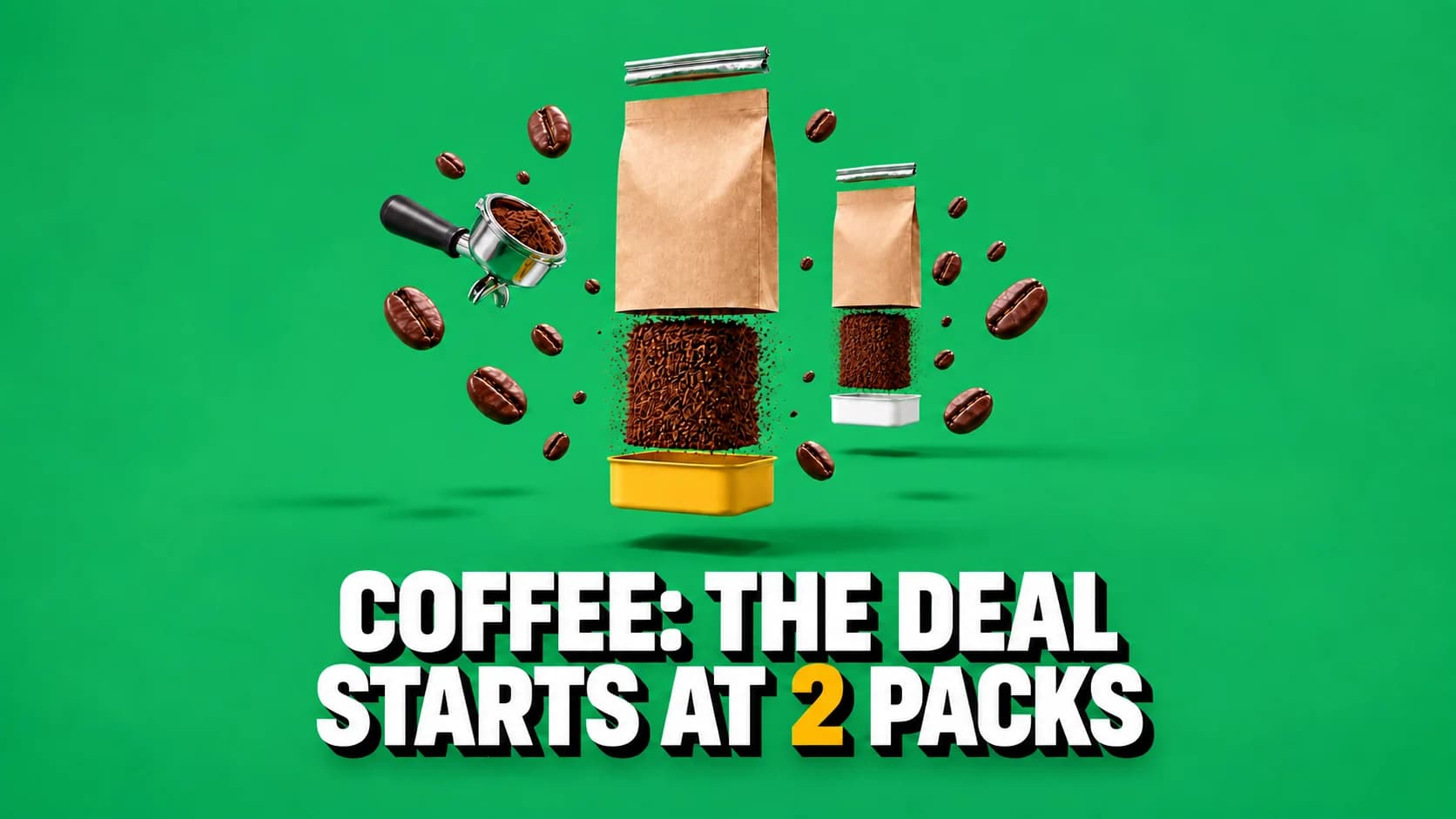A coffee bag exploded into layers and repeated twice, with beans orbiting around it
