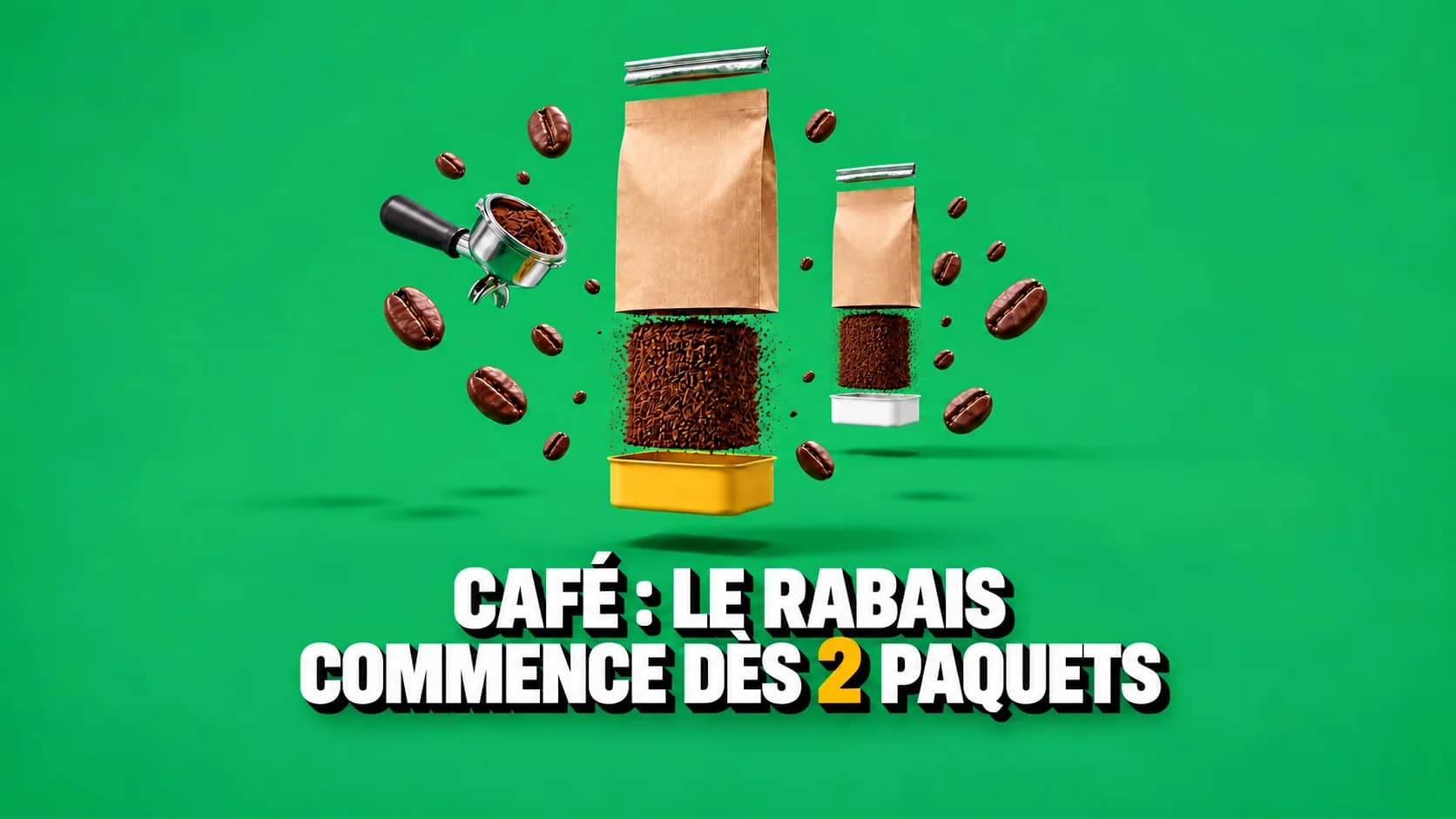 Un sachet de café décomposé en couches, répété deux fois, des grains en orbite autour