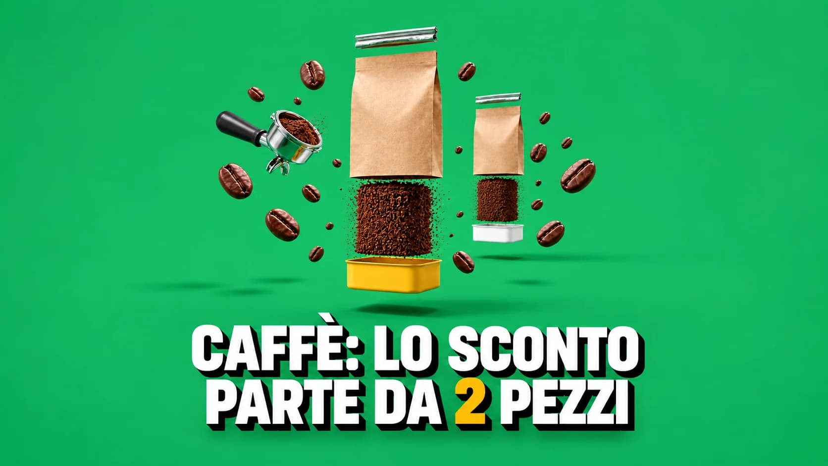 Un sacchetto di caffè scomposto a strati che si ripete due volte, con chicchi in orbita