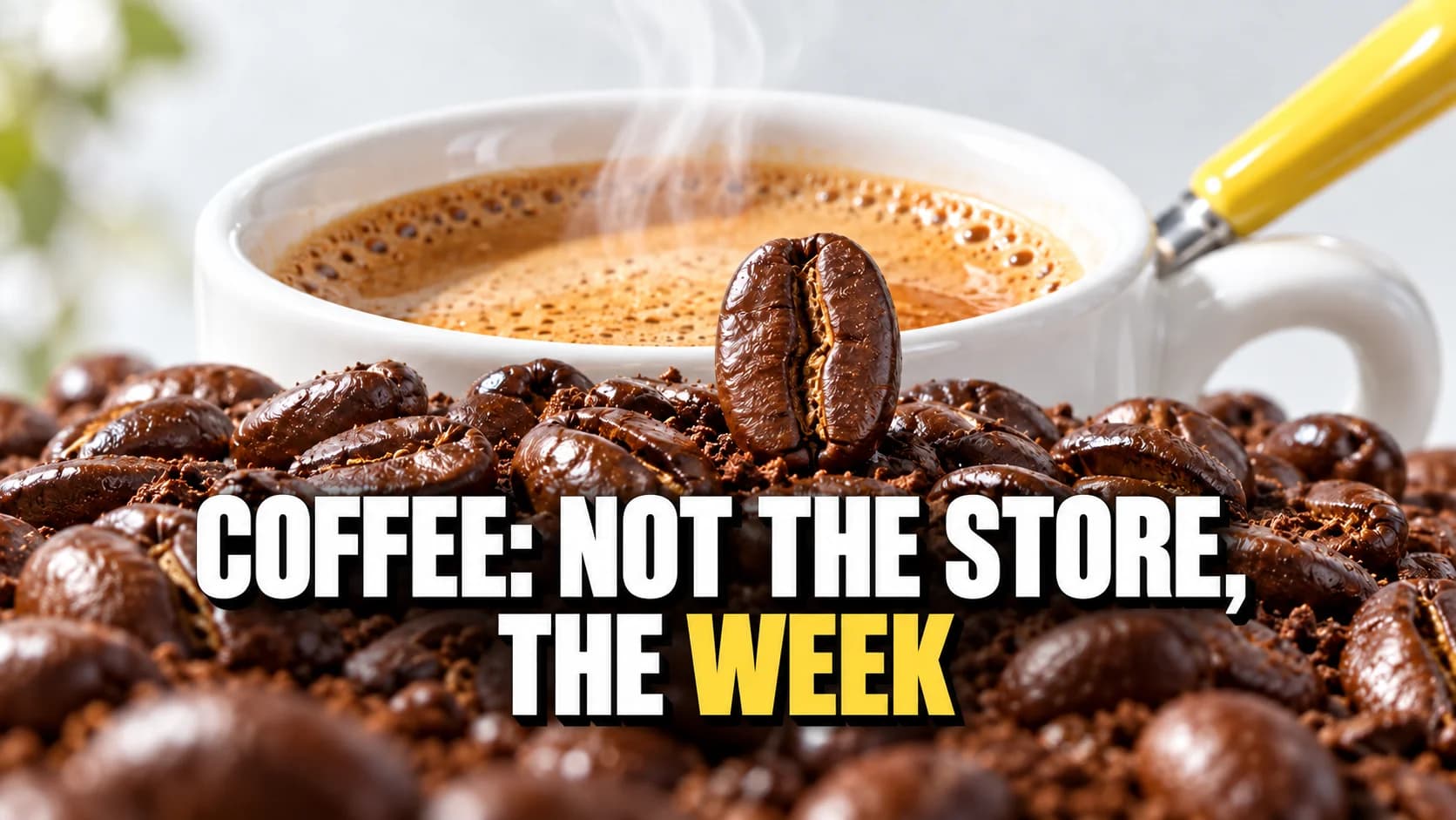 Macro view of glossy coffee beans with an espresso and yellow spoon.
