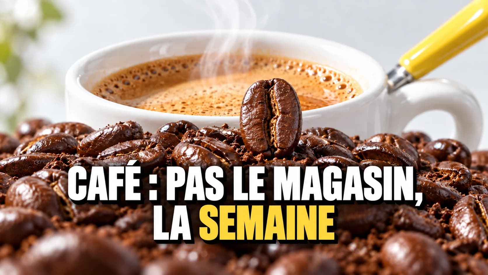 Gros plan de grains de café brillants, avec espresso et cuillère jaune.