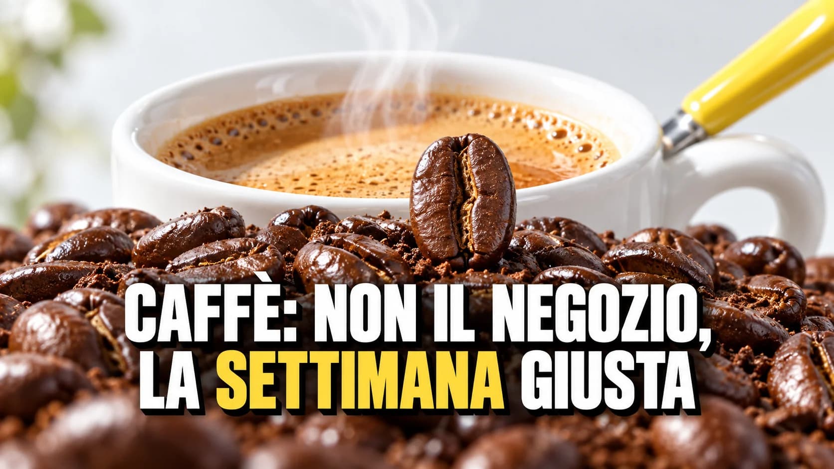 Macro di chicchi di caffè lucidi con un chicco in piedi sulla cima, una tazzina di espresso con crema e un cucchiaino giallo.