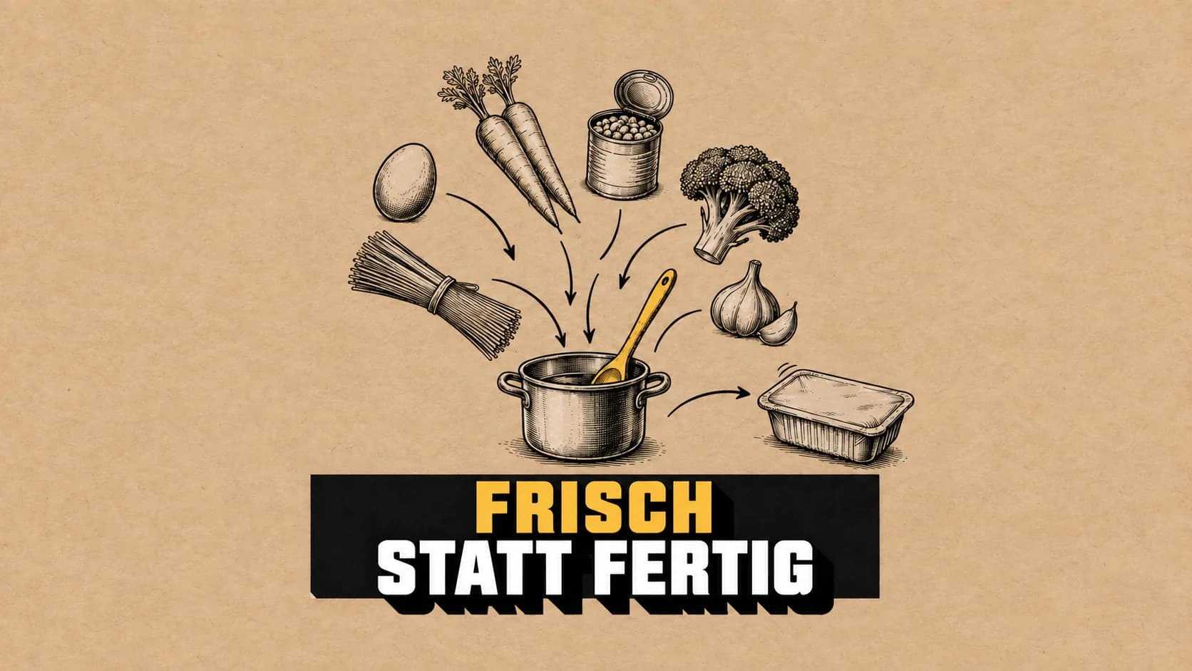 Tuschezeichnung von Zutaten auf dem Weg zu einem Topf mit gelbem Löffel und einer Schale.