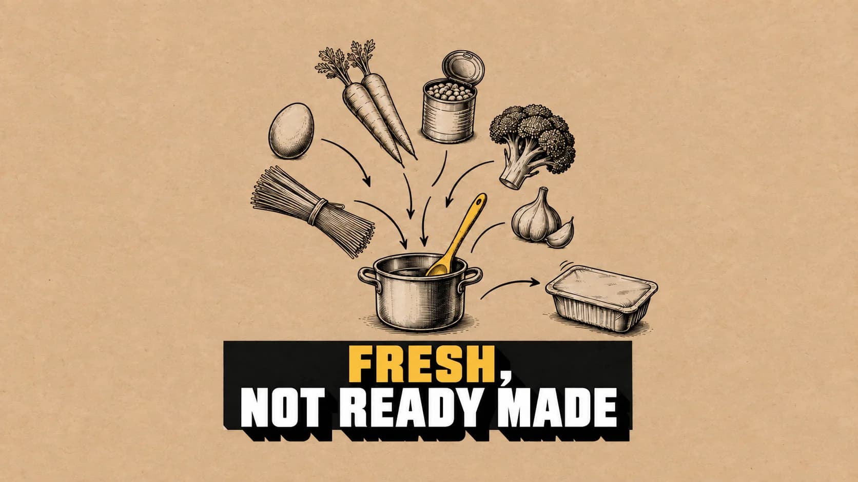 Ink drawing of ingredients leading to a pot with a yellow spoon and a meal tray.
