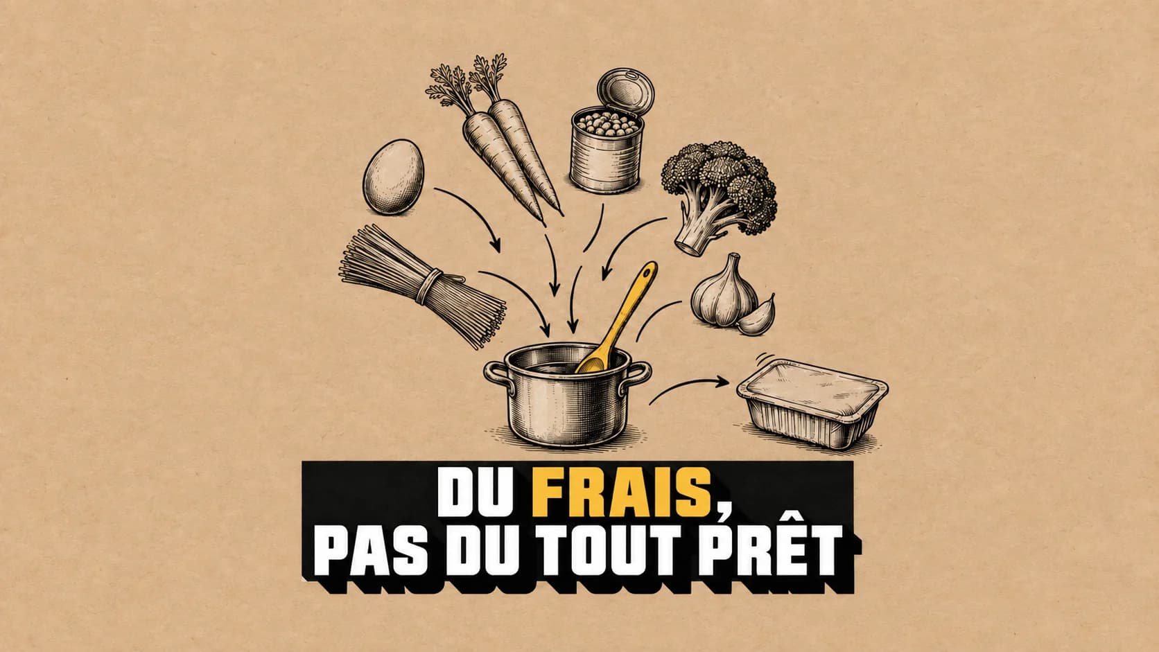 Dessin à l’encre d’ingrédients vers une casserole avec cuillère jaune et barquette.