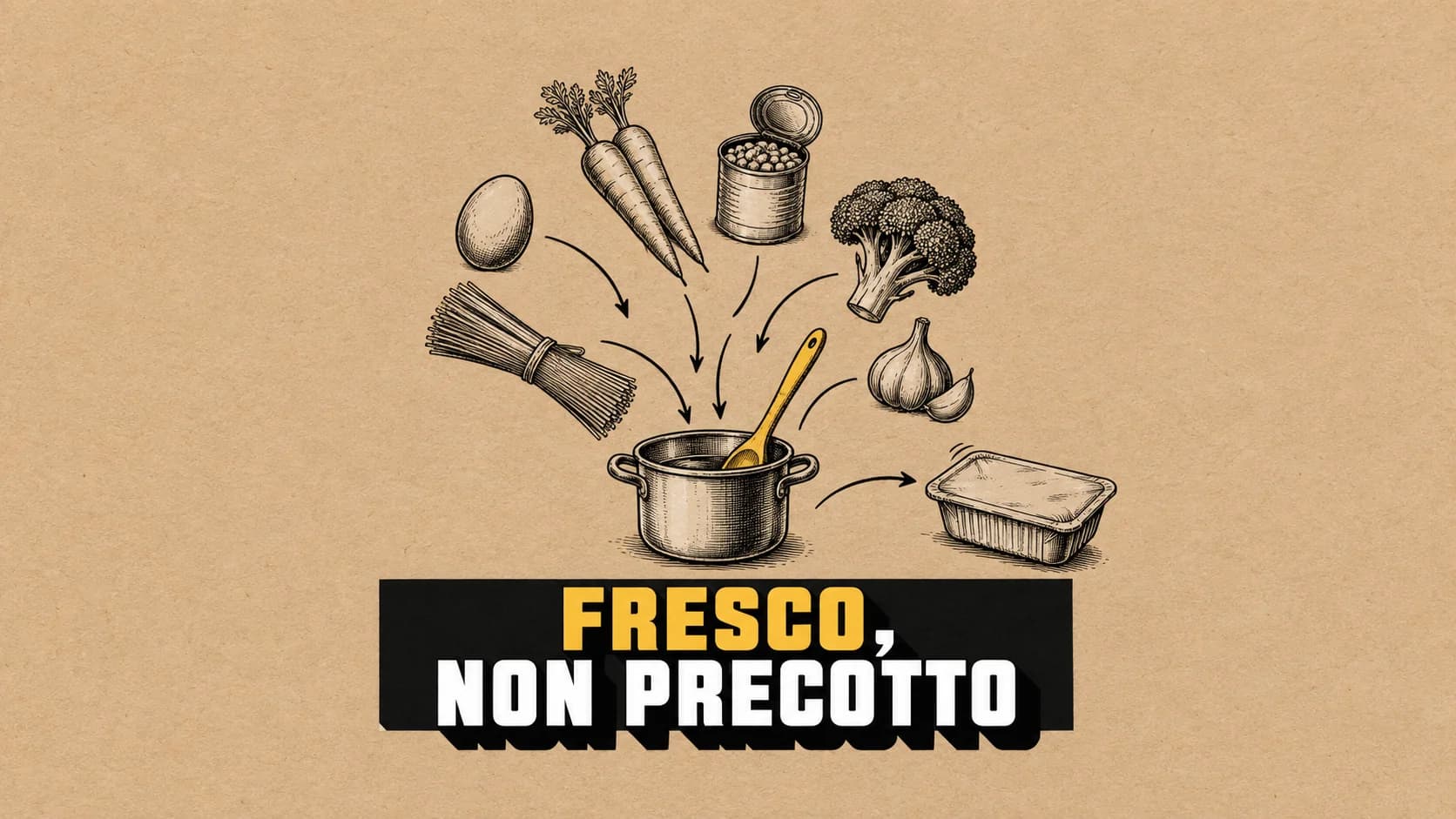 Ingredienti verso una pentola con cucchiaio giallo e vaschetta, disegnati a inchiostro.