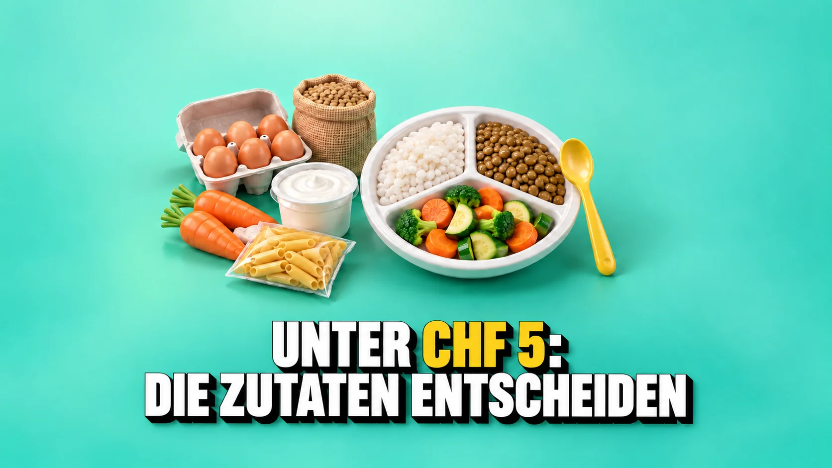 Unterteilter Teller mit Reis, Linsen und Gemüse, Zutaten und gelbem Löffel.