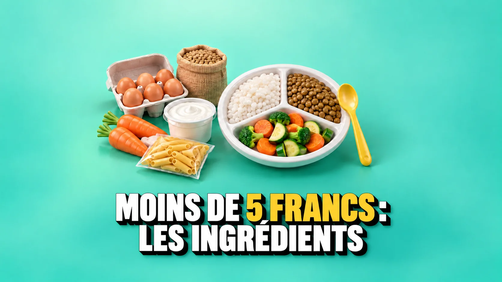 Assiette divisée entre riz, lentilles et légumes, avec ingrédients et cuillère jaune.