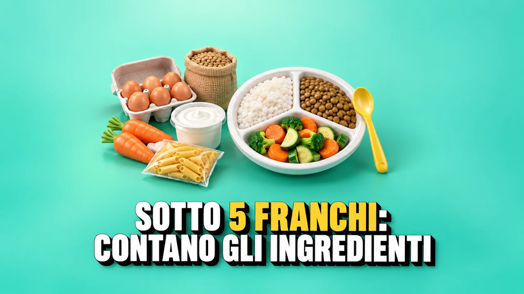 Piatto diviso tra riso, lenticchie e verdure con ingredienti e cucchiaio giallo.