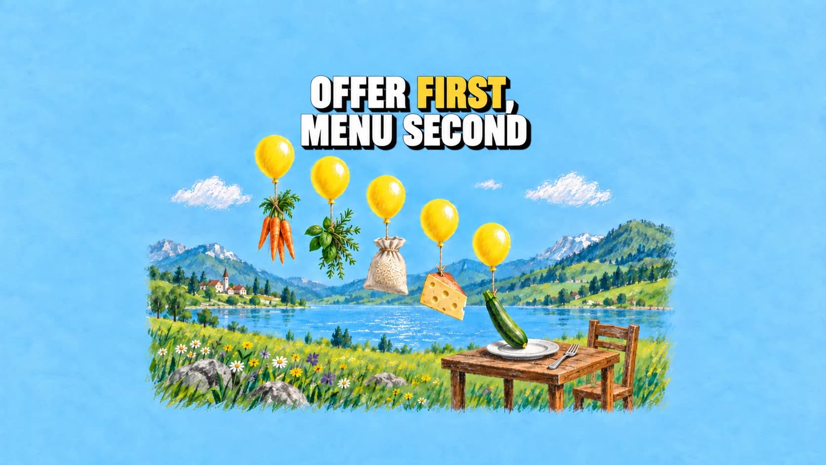 Five yellow balloons carry ingredients towards a table beside an Alpine lake.