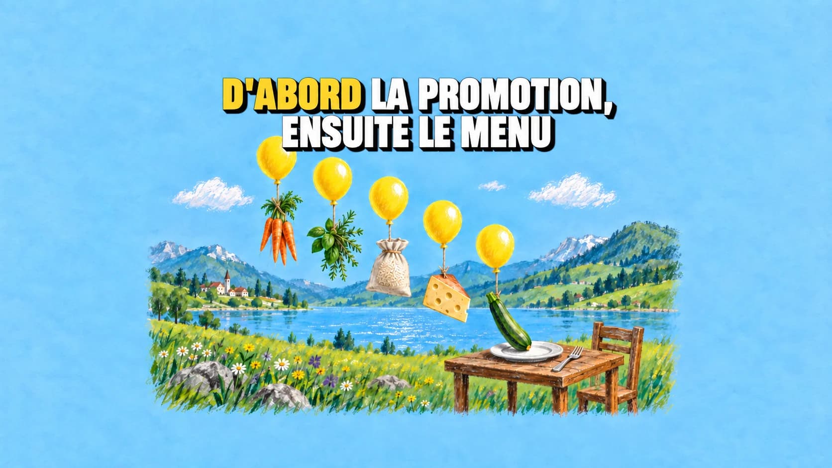 Cinq ballons jaunes transportent des ingrédients vers une table près d’un lac alpin.