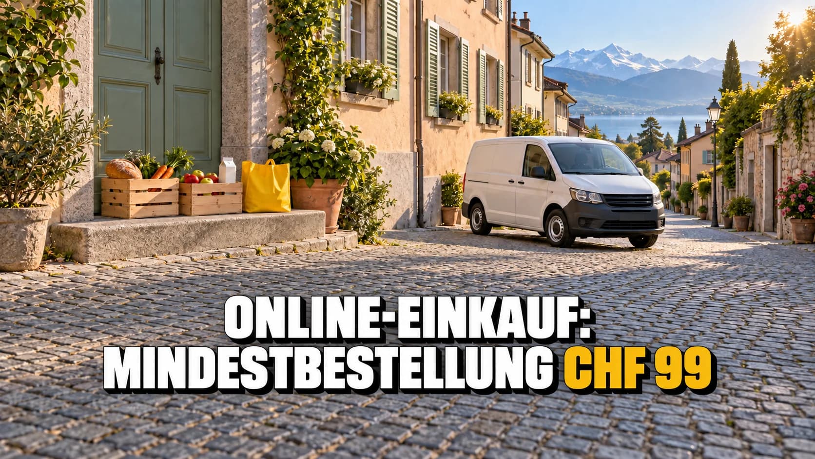 Lebensmittelkisten vor der Tür und ein neutraler weisser Lieferwagen im Morgenlicht.