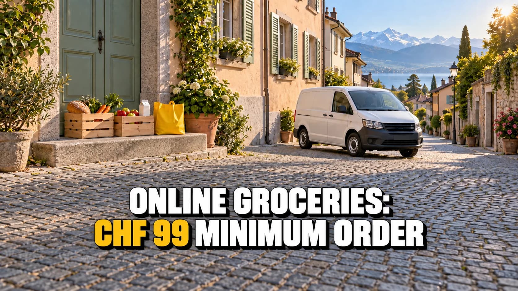 Grocery crates at a doorstep and an unbranded white van at dawn.