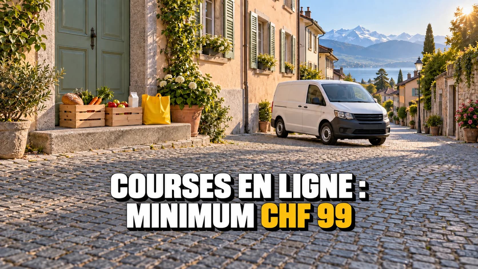Caisses de provisions devant une porte et camionnette blanche sans marque à l'aube.