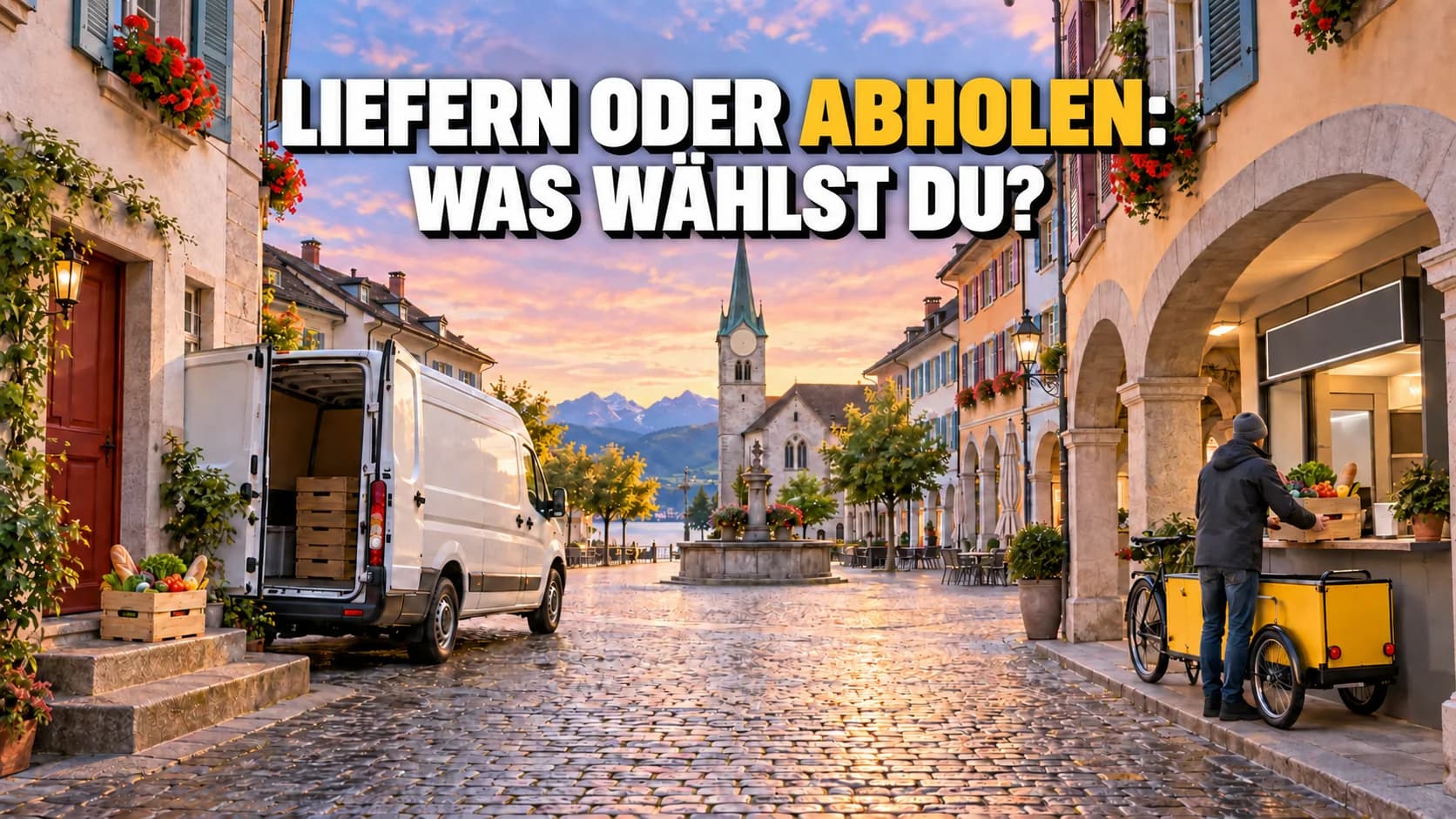 Schweizer Platz bei Tagesanbruch mit neutralem Lieferwagen, Einkaufskisten und Fahrradanhänger.