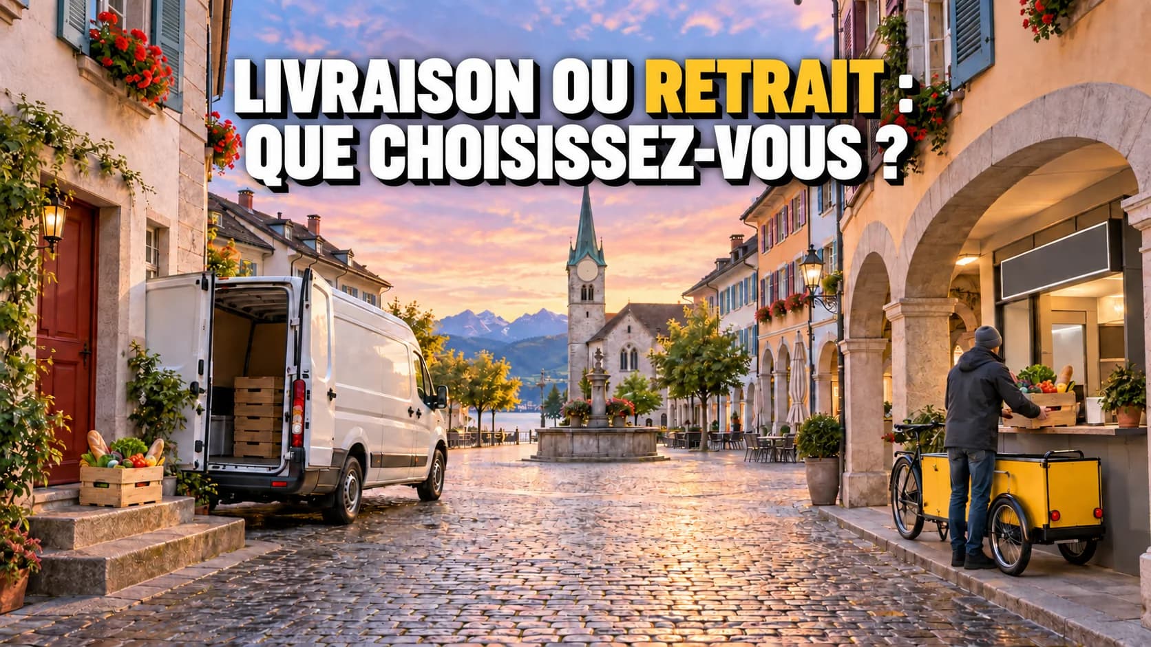 Place suisse à l’aube avec camionnette sans marque, caisses de courses et remorque vélo.