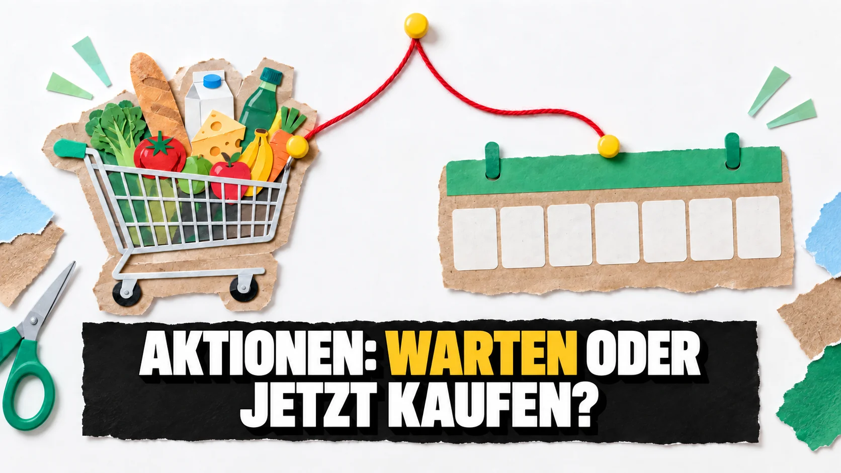 Papiercollage mit roter Schnur, die sich zwischen Einkaufswagen und leerem Kalender verzweigt.
