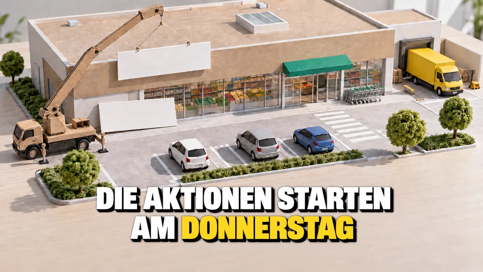 Supermarktmodell aus Karton mit Miniaturkran, der ein leeres weisses Schild anhebt.