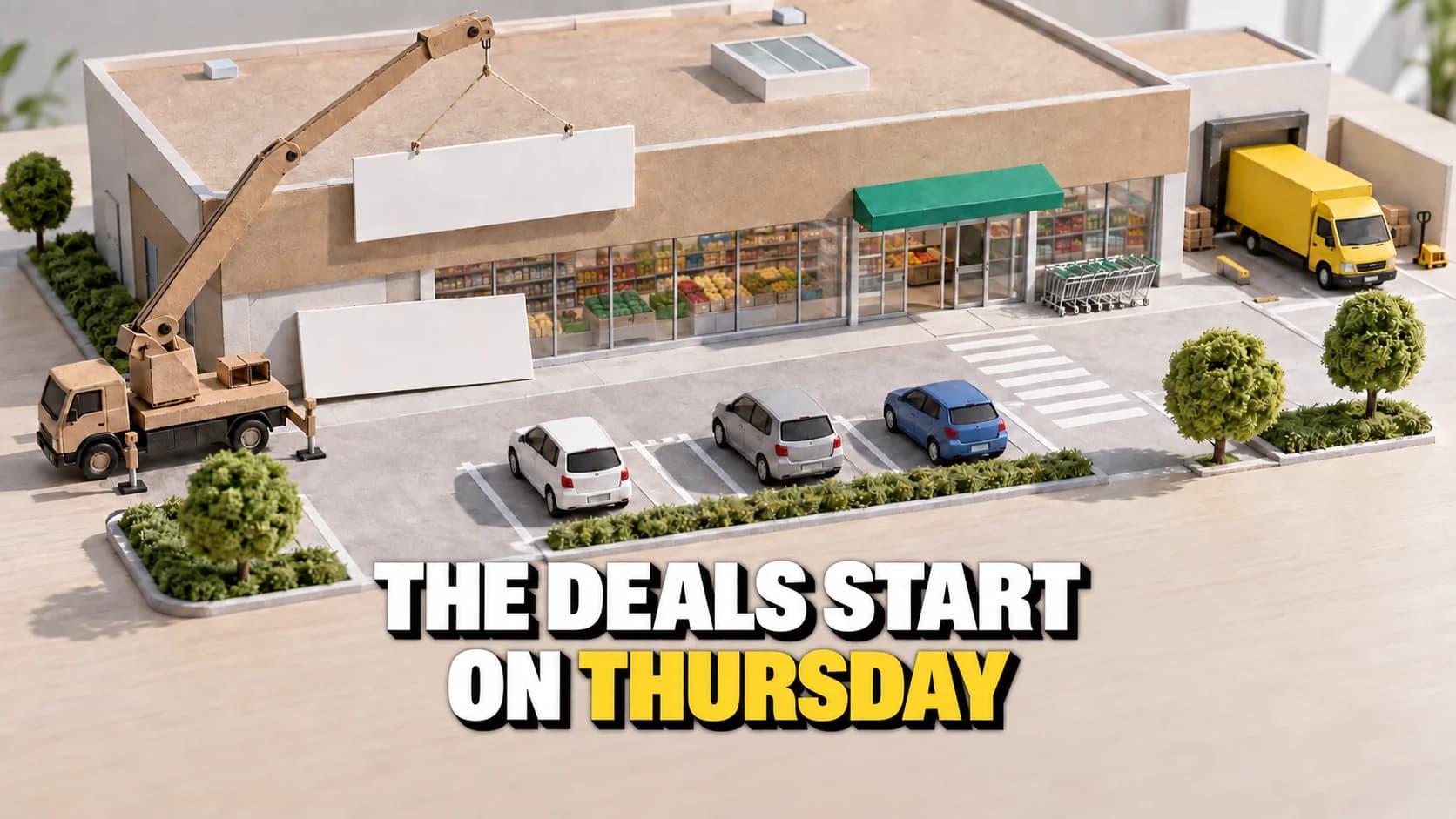 Cardboard supermarket model with a miniature crane lifting a blank white sign.