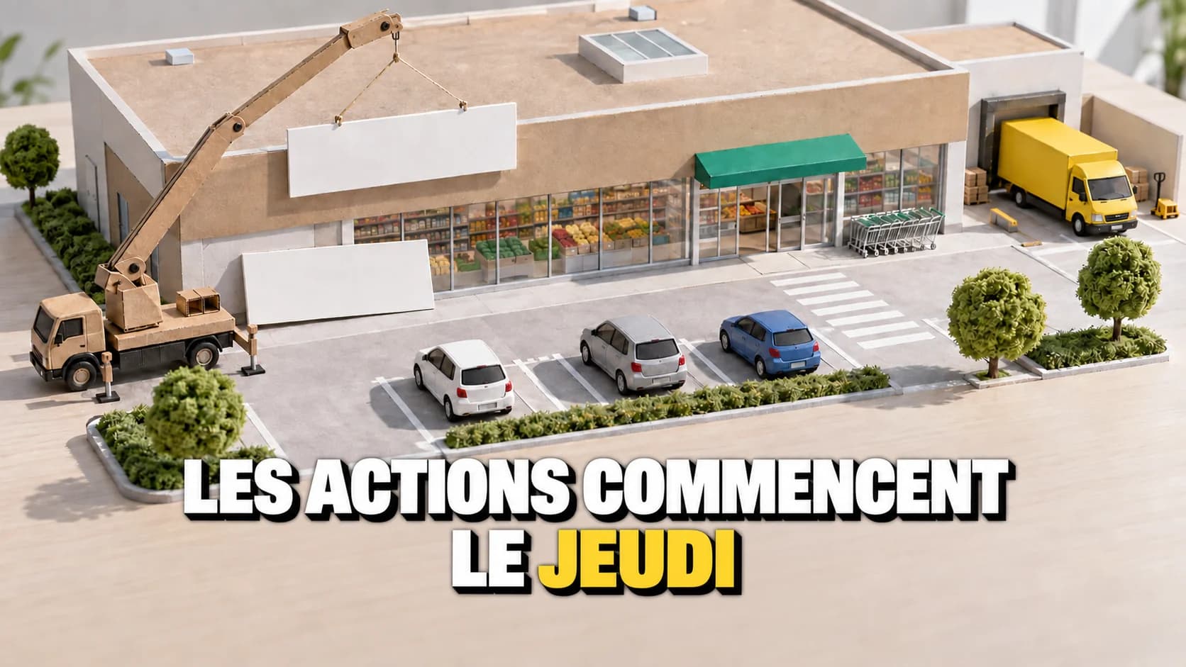 Maquette de supermarché en carton avec grue miniature soulevant un panneau blanc vierge.