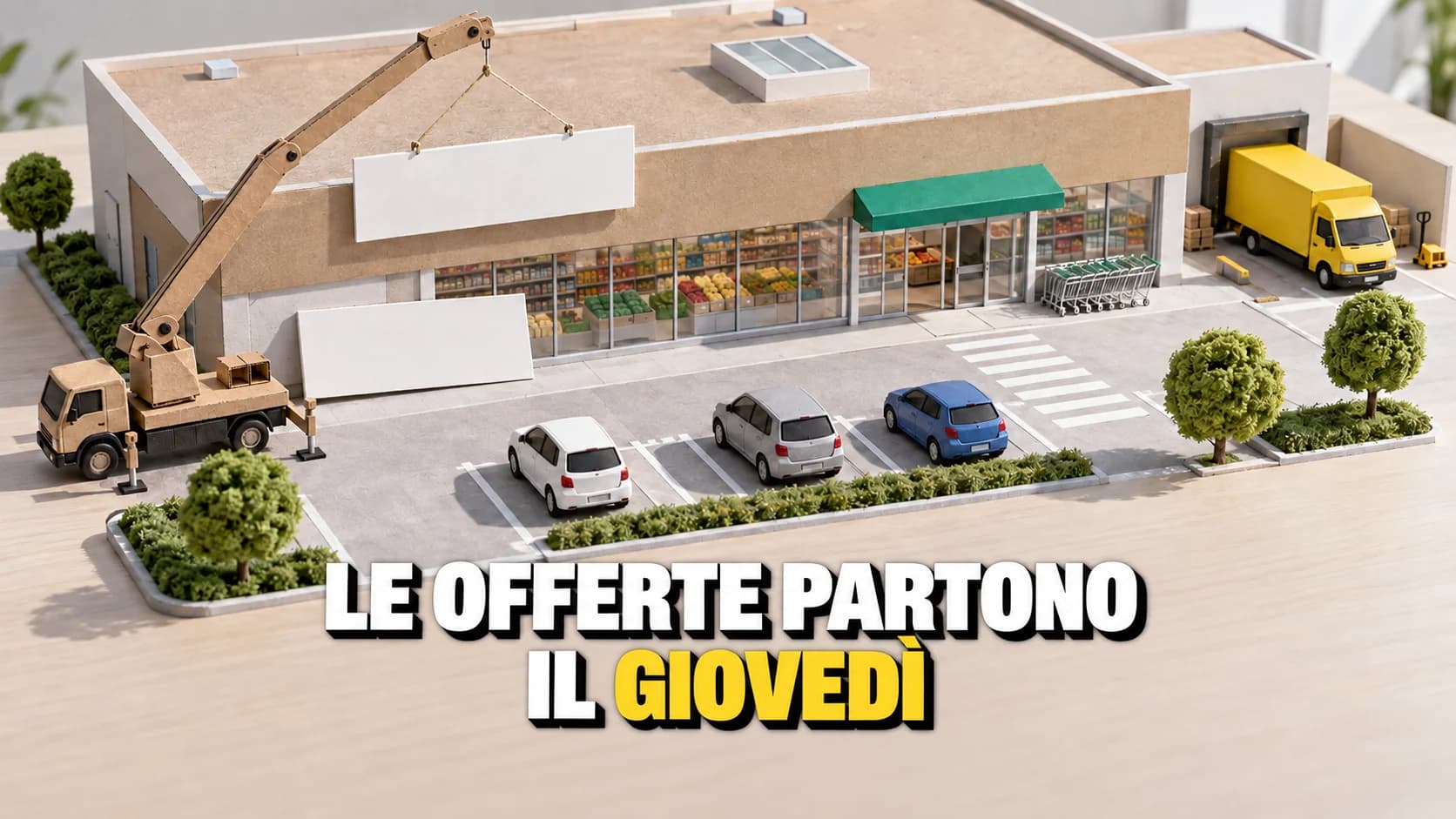 Modellino di cartone di un supermercato generico, con una gru in miniatura che appende un pannello bianco vuoto sulla facciata.