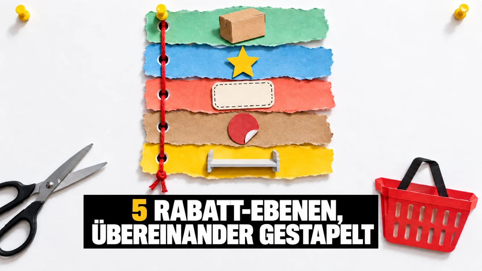 Papiercollage mit fünf gerissenen Streifen, kleinen Motiven, roter Schnur und gelben Reisszwecken.