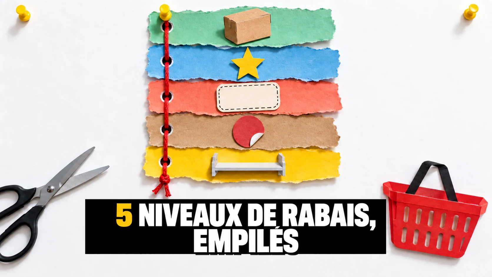 Collage de cinq bandes déchirées avec petites images, ficelle rouge et punaises jaunes.