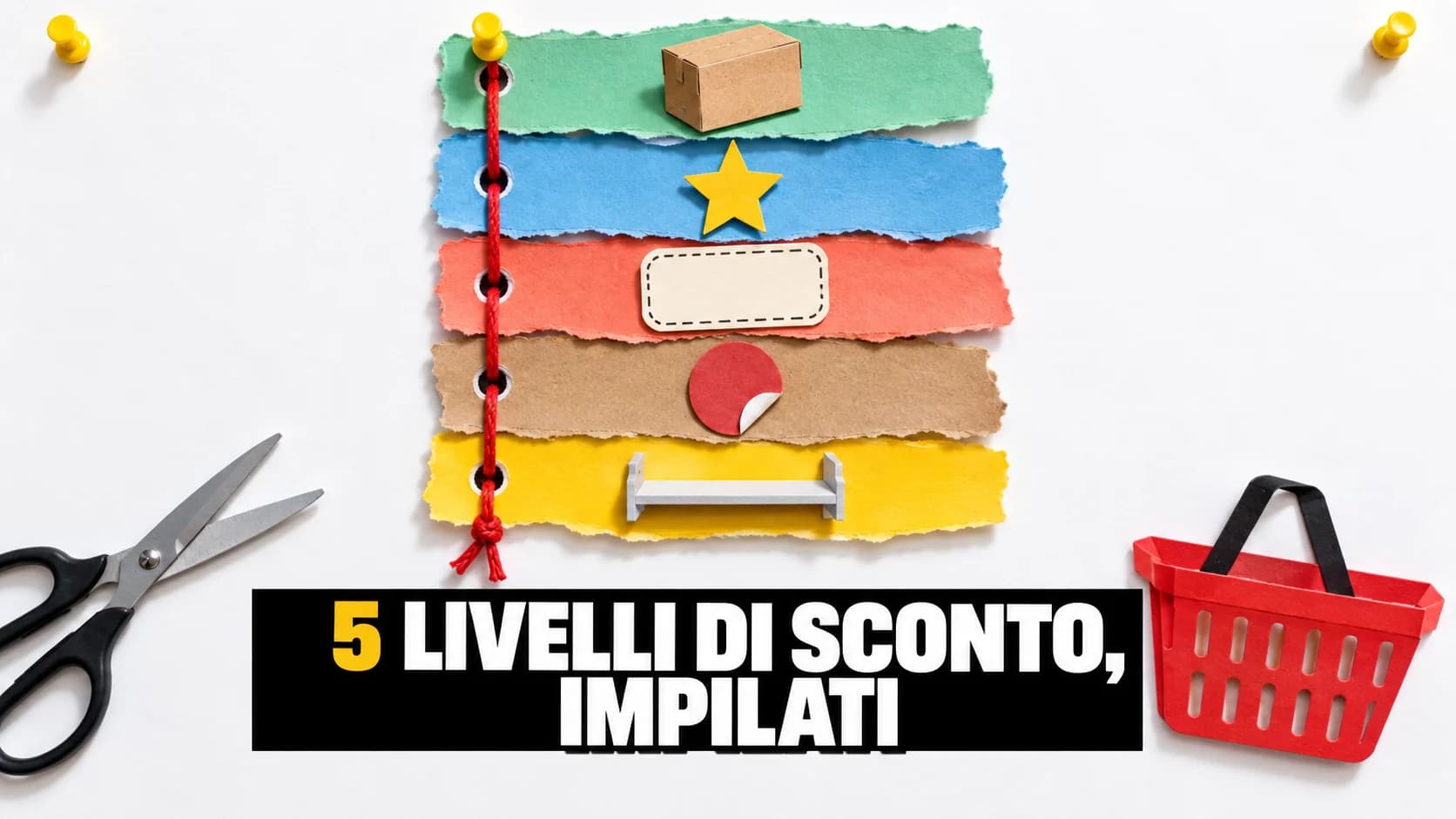 Collage di carta su pannello bianco con cinque strisce strappate impilate, ognuna con un piccolo ritaglio, attraversate da uno spago rosso e fissate con puntine gialle