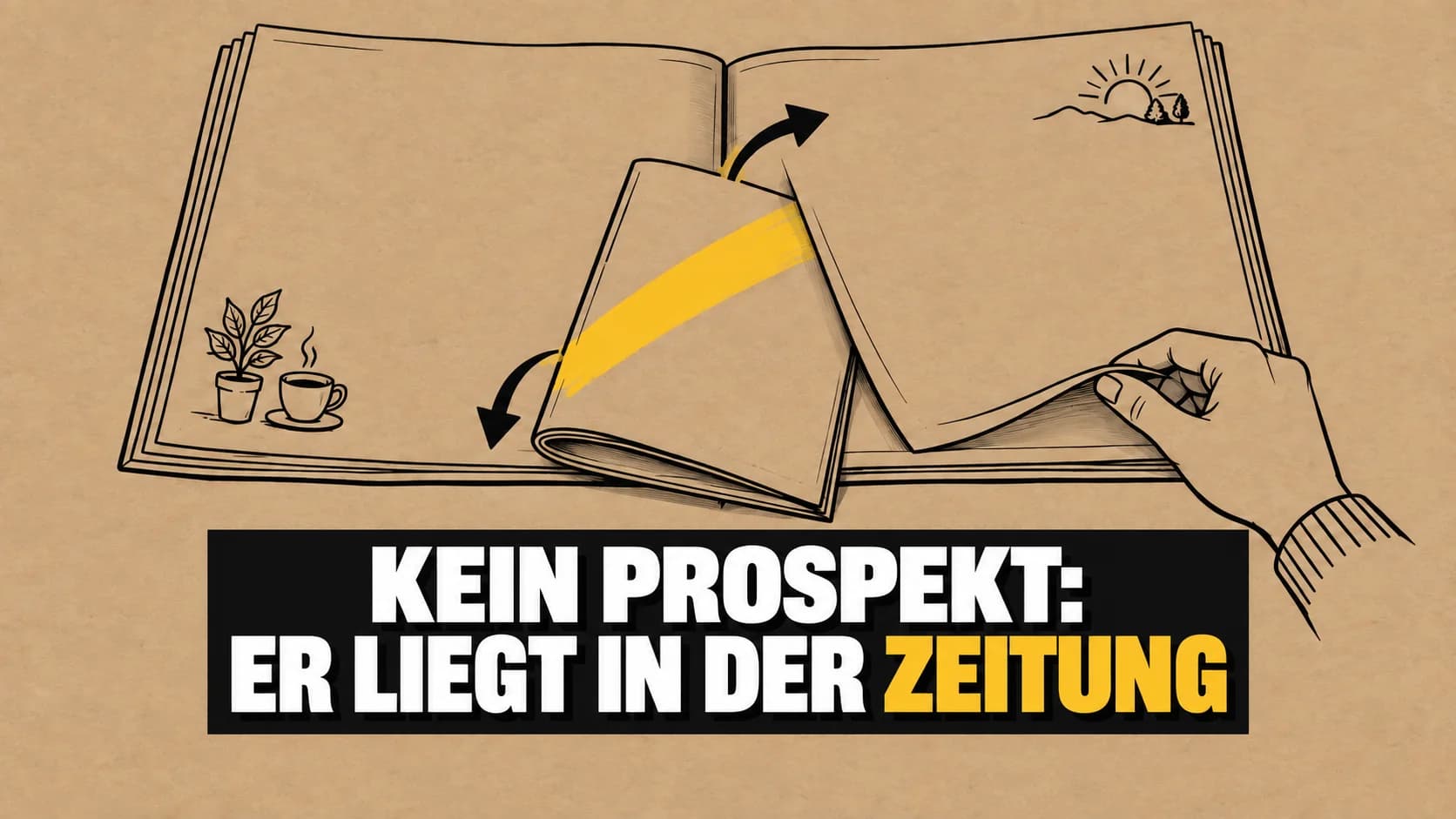 Tintenzeichnung einer offenen Zeitung mit leeren Seiten auf Kraftpapier.