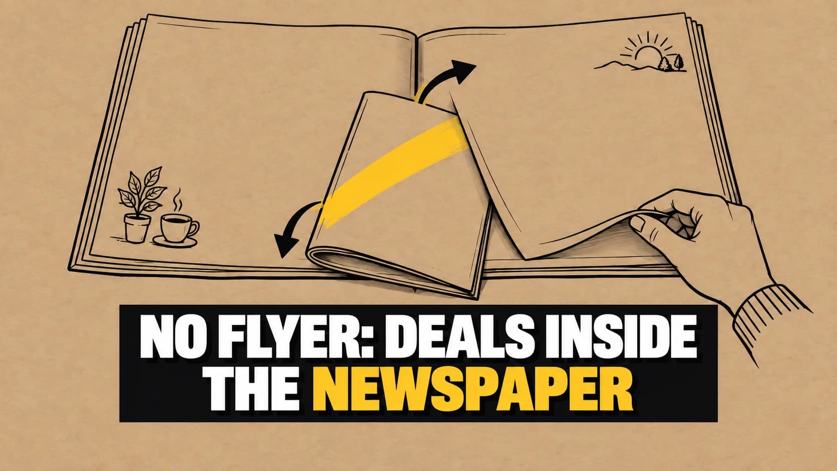 Ink drawing of an open newspaper with blank pages on kraft paper.