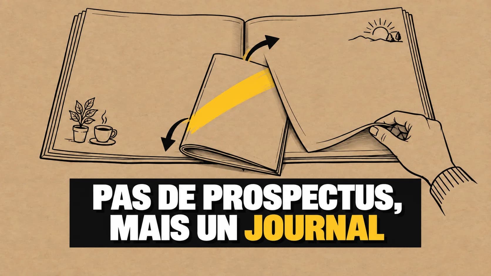 Dessin à l’encre d’un journal ouvert aux pages vierges sur papier kraft.