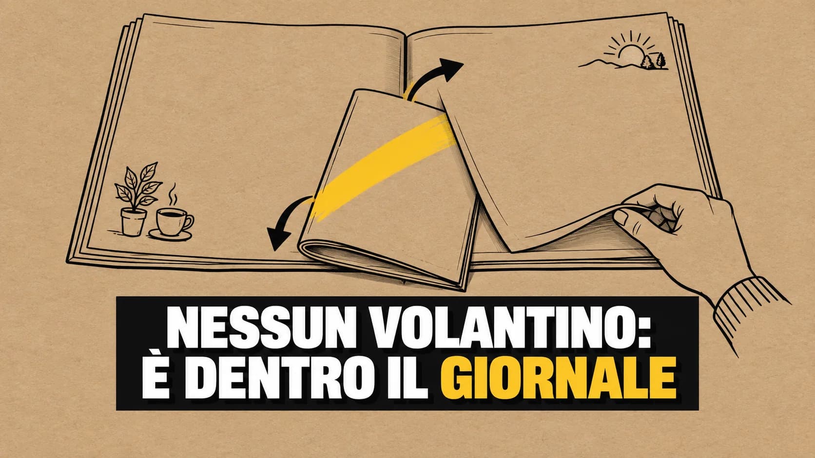 Disegno a inchiostro su carta kraft di un giornale aperto con un magazine che scivola fuori dalle pagine centrali
