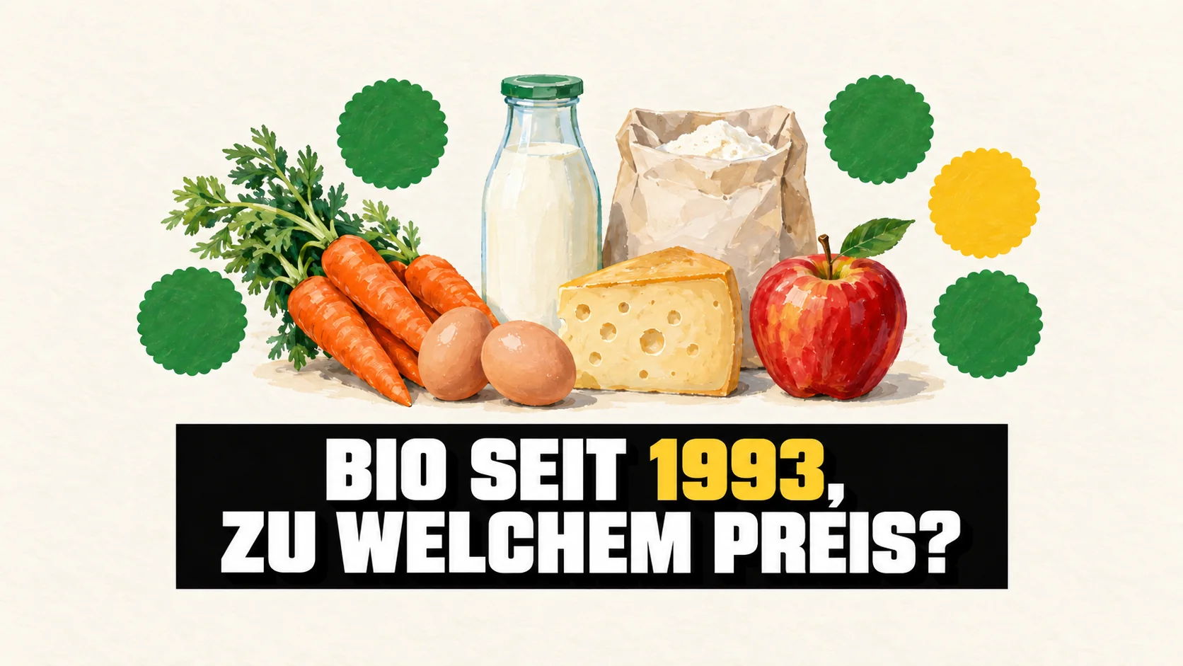 Gouacheillustration mit Gemüse, Eiern, Milch, Käse und Mehl ohne Marke, vier leeren grünen Siegeln und einem gelben Siegel.