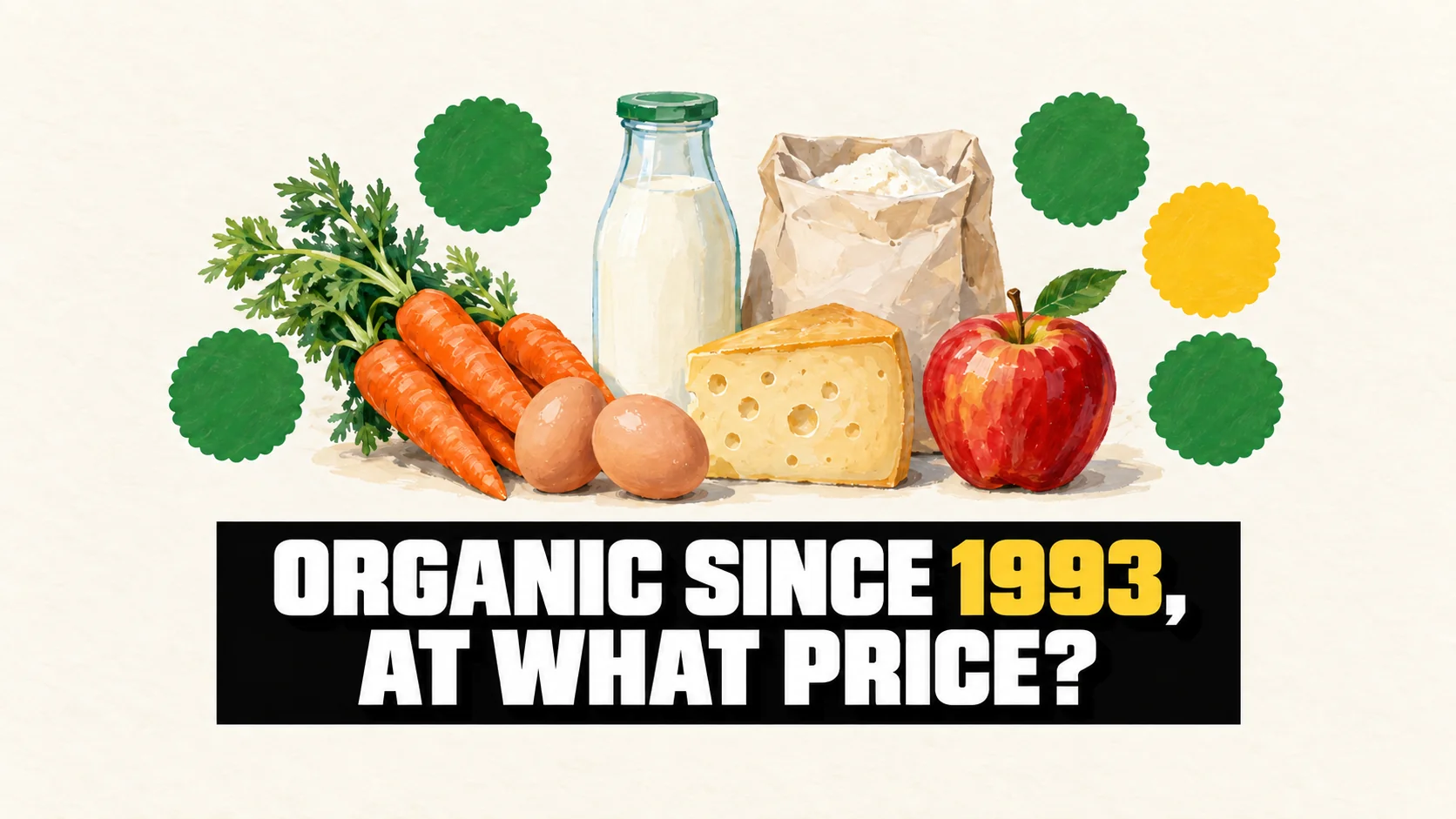 Gouache illustration of unbranded vegetables, eggs, milk, cheese and flour with four blank green seals and one yellow seal.