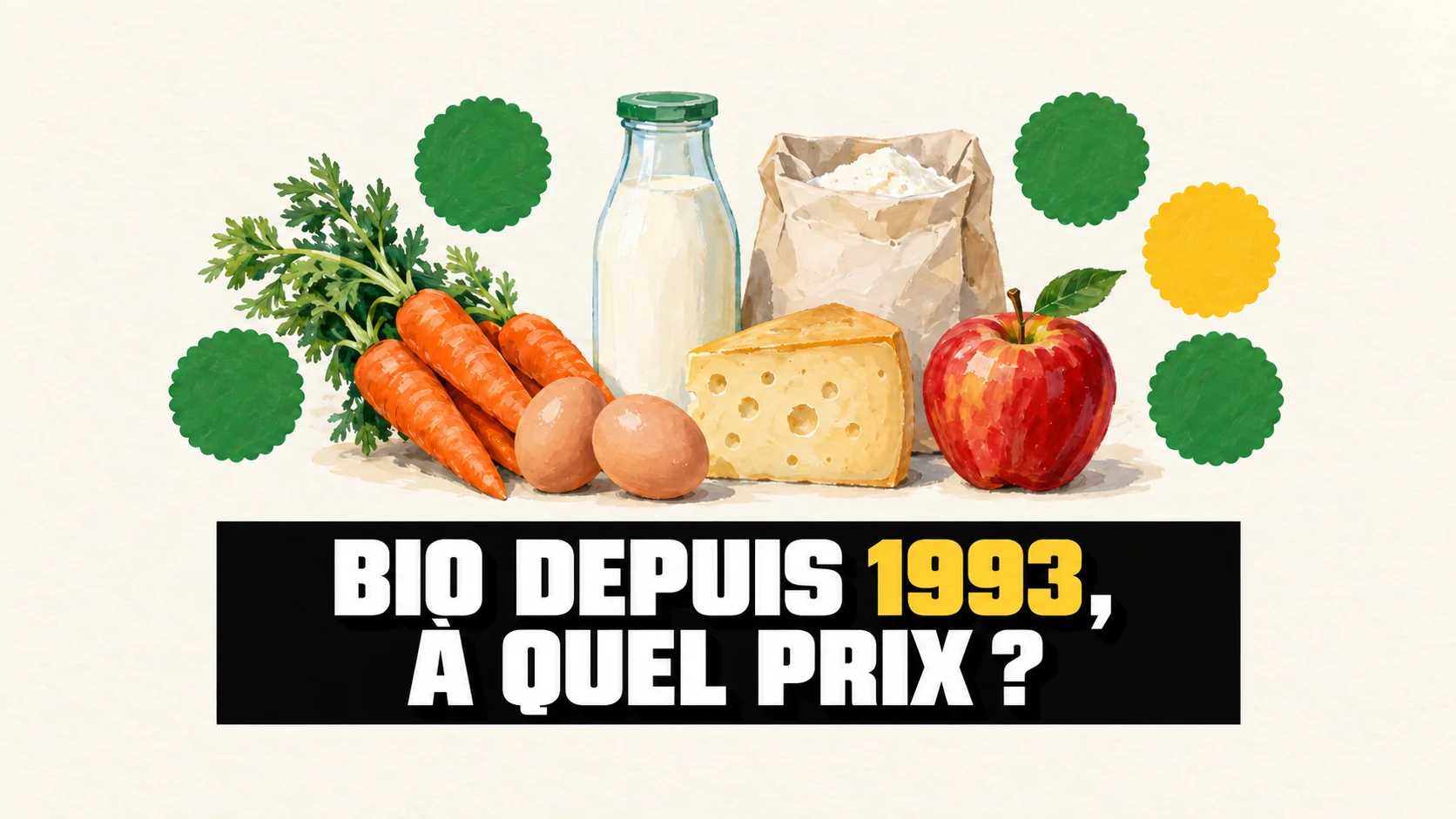 Illustration à la gouache de légumes, oeufs, lait, fromage et farine sans marque, avec quatre sceaux verts vierges et un jaune.