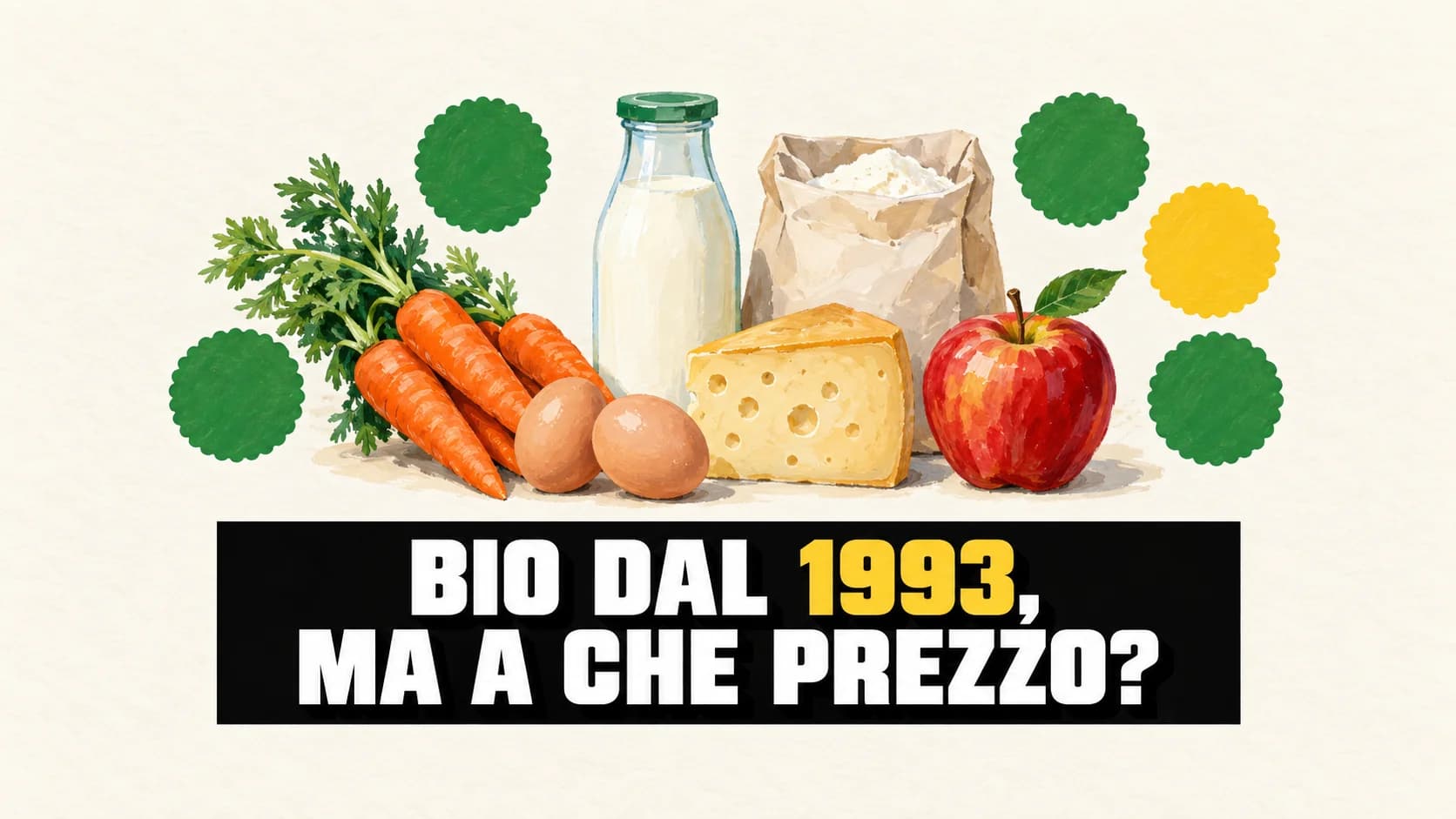 Illustrazione a gouache di verdure, uova, latte, formaggio e farina senza marca, con quattro sigilli verdi vuoti e uno giallo.